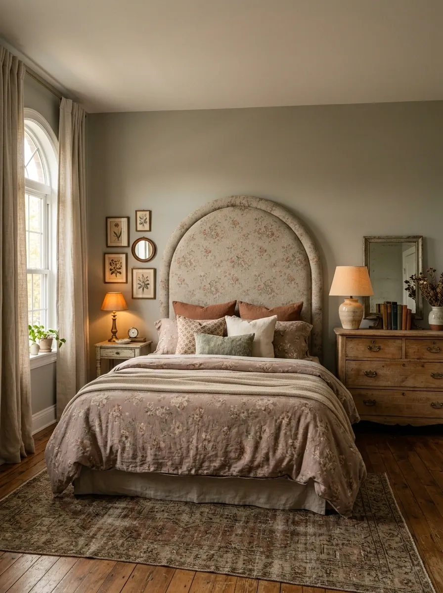 Romantic Eclectic Bedroom With Arched Headboard and Weathered Furniture
