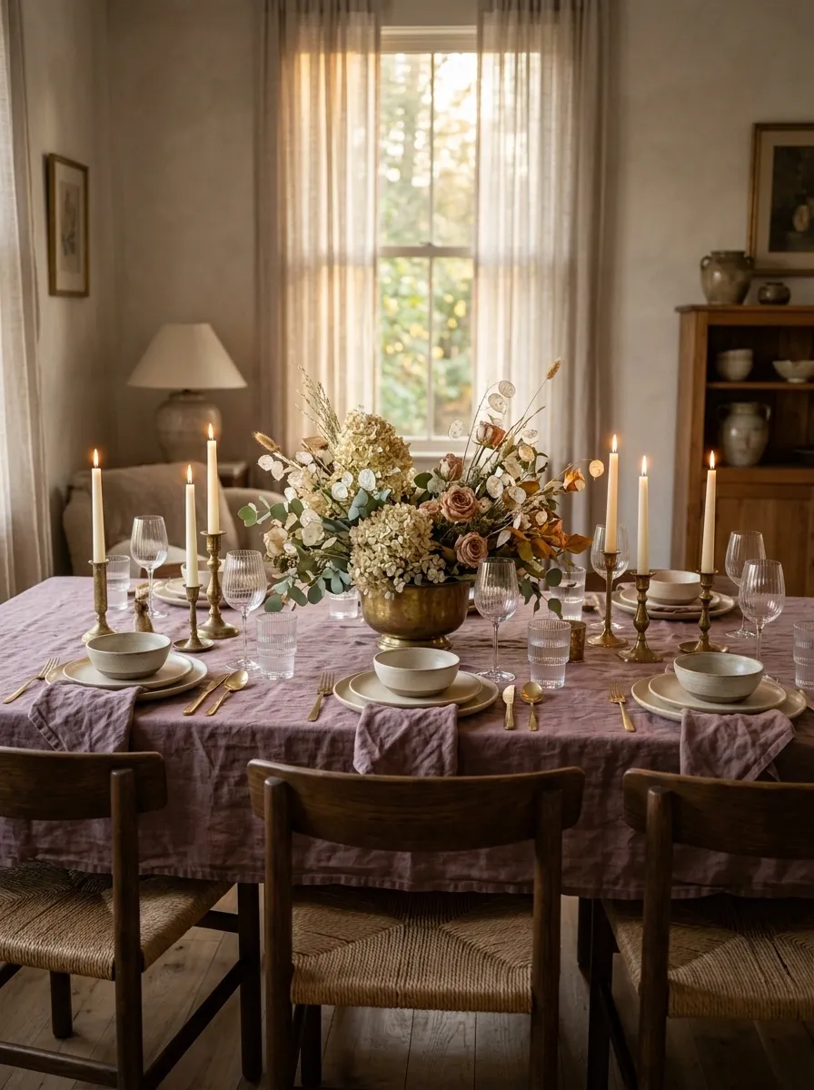 Romantic Fall Table With Soft Mauve and Antique Gold