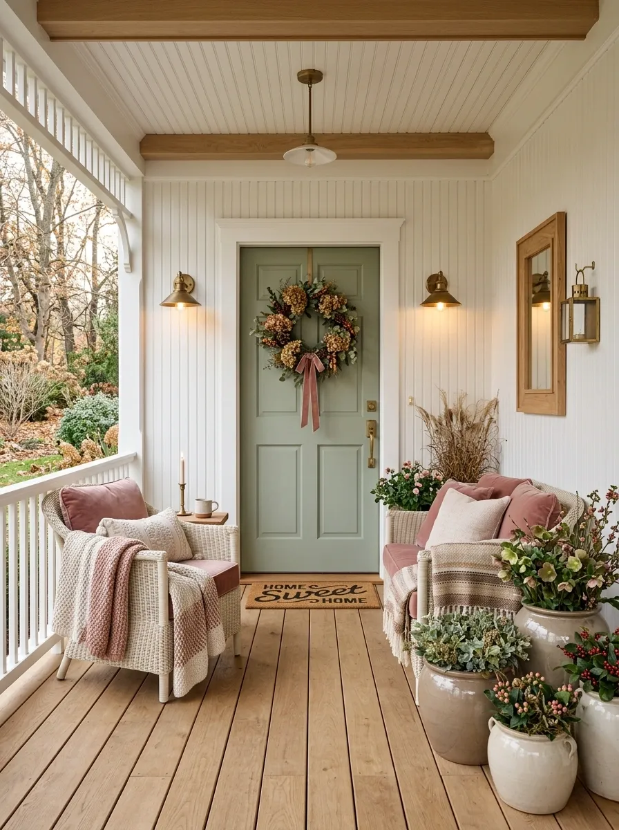 Romantic Porch With Dusty Rose, Cream, and Aged Brass