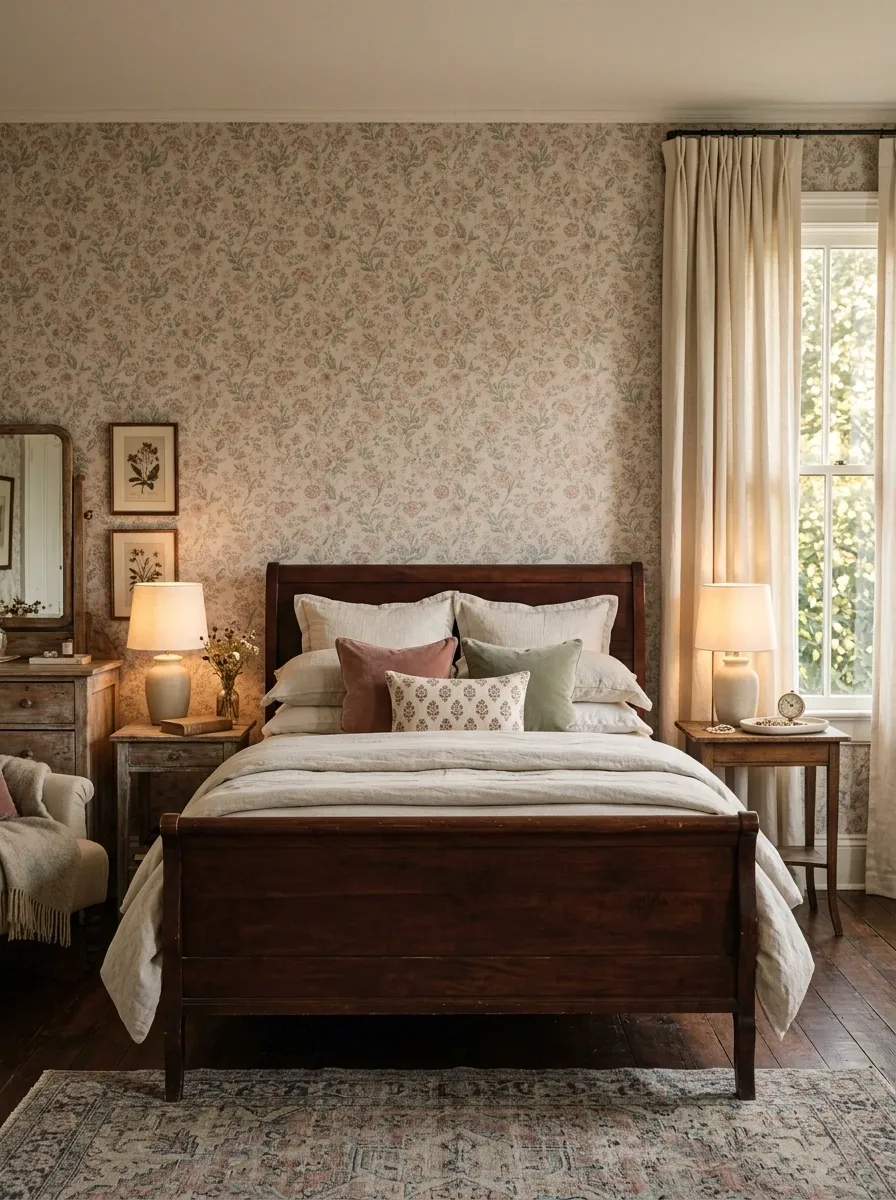 Romantic Vintage Bedroom With Soft Wallpaper