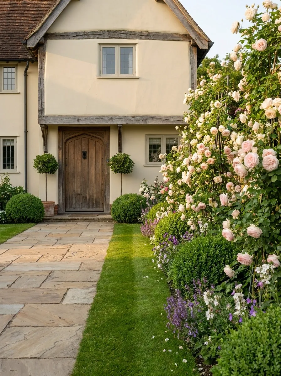 Rose-Lined Driveway With Traditional Cottage Planting