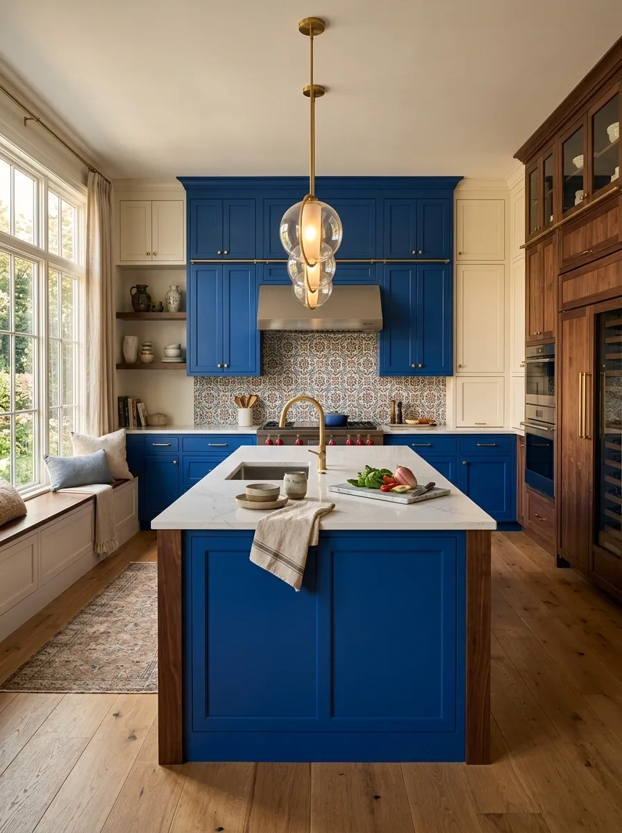 Royal Blue, Ivory, and Dark Walnut Eclectic Kitchen