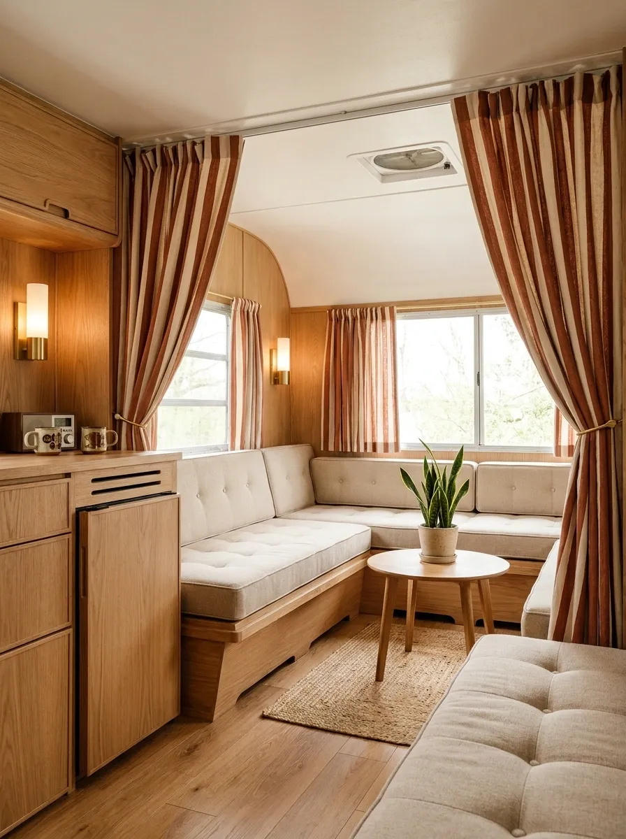 Rust Stripe Curtains With Mid-Century RV Furniture