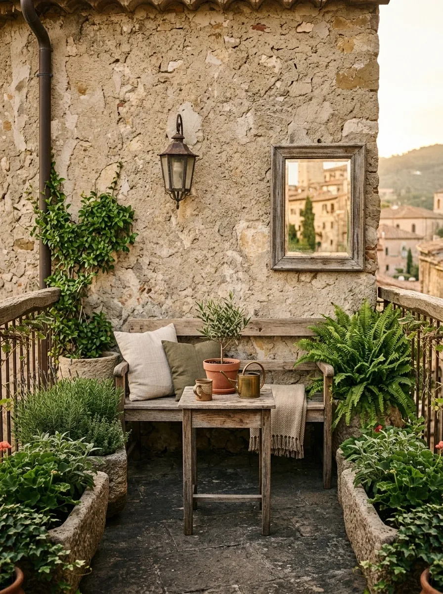 Rustic Balcony Garden With Stone Planters and Reclaimed Timber