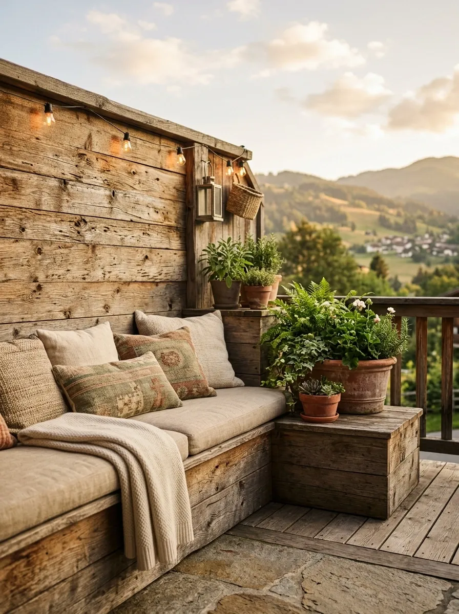 Rustic Balcony With Timber Privacy Wall and Built-In Bench