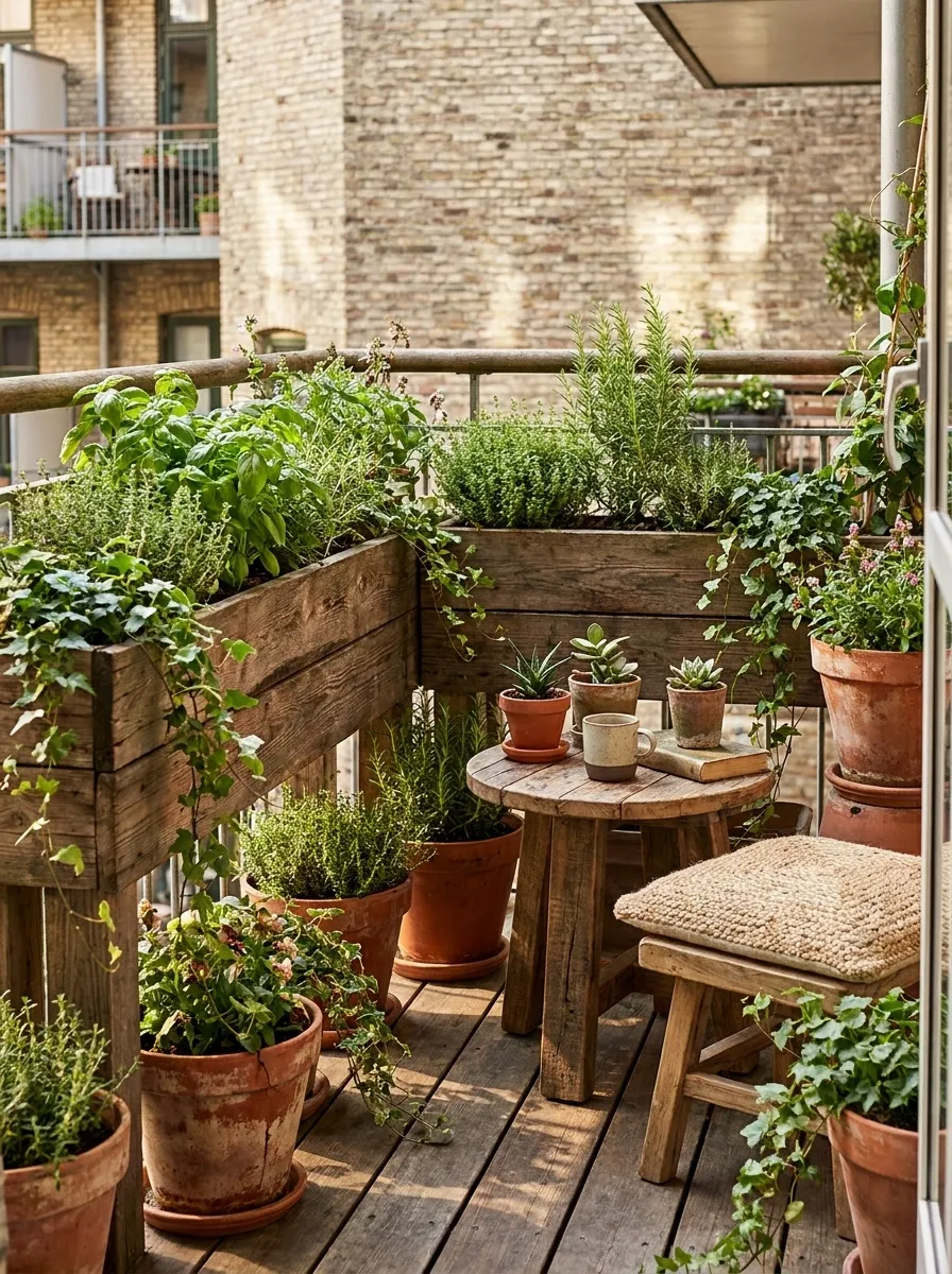 Rustic Balcony With Wooden Crates and Herb Containers