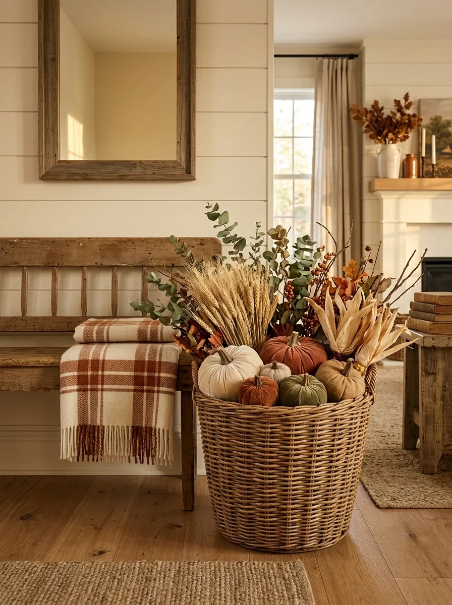 Rustic Basket Filled With a Handmade Pumpkin Harvest