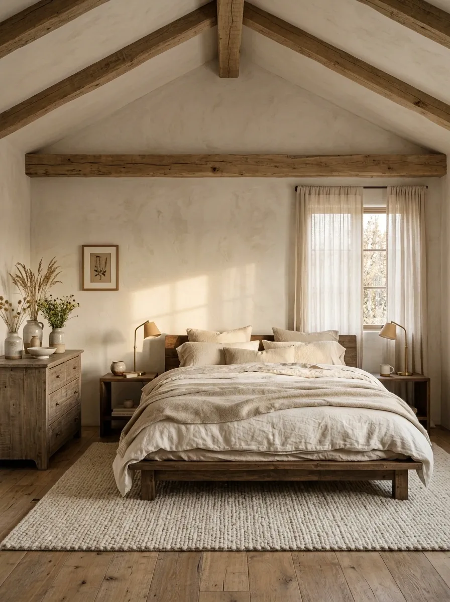 Rustic Bedroom With Exposed Beams and Soft Neutral Bedding
