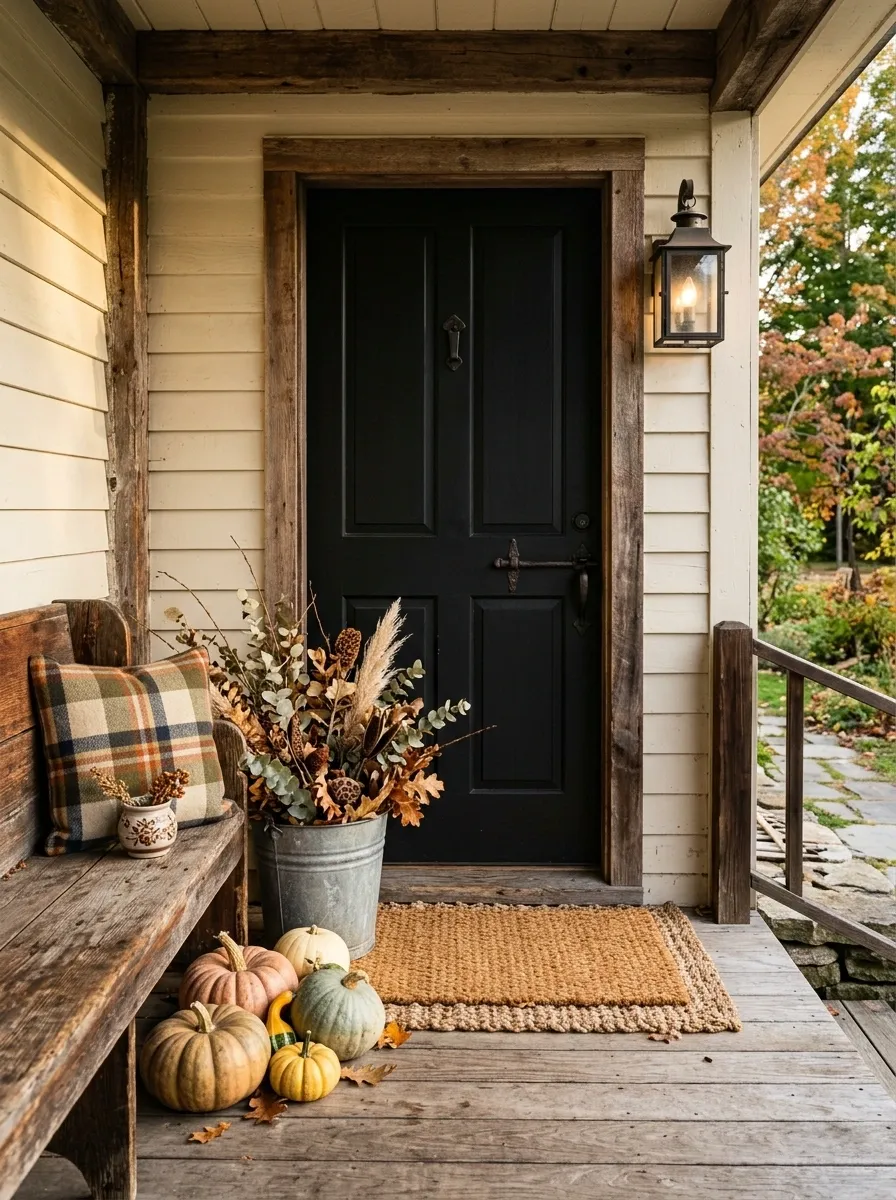 Rustic Black Door With Vintage Farmhouse Details