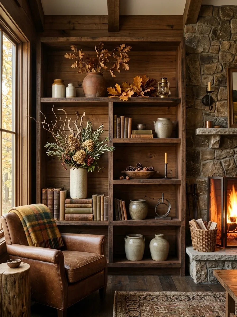 Rustic Cabin Shelf With Firewood Tones, Leather, and Dried Leaves
