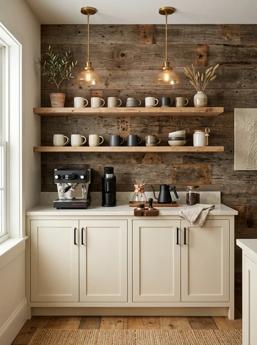 Rustic Coffee Bar With Reclaimed Barn Wood Backdrop