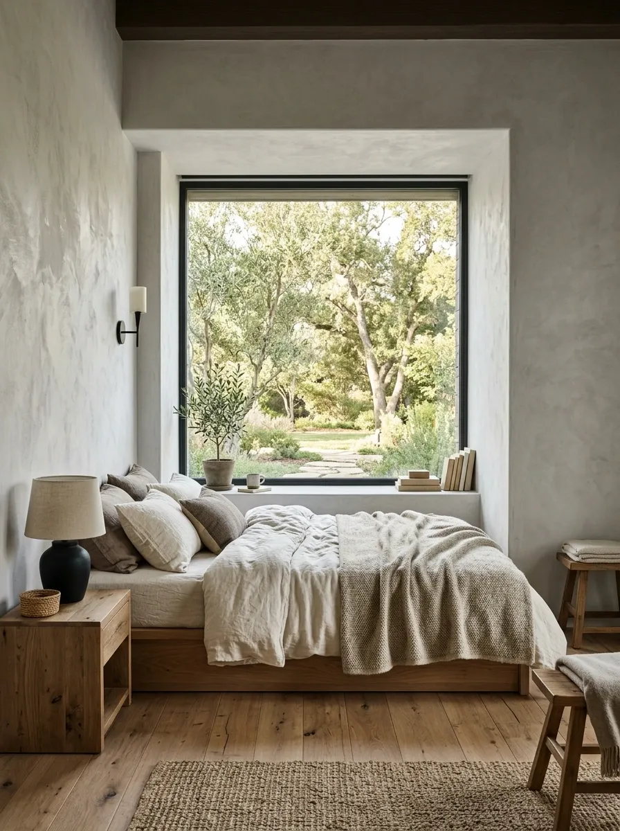 Rustic Contemporary Bedroom With a Deep Recessed Window