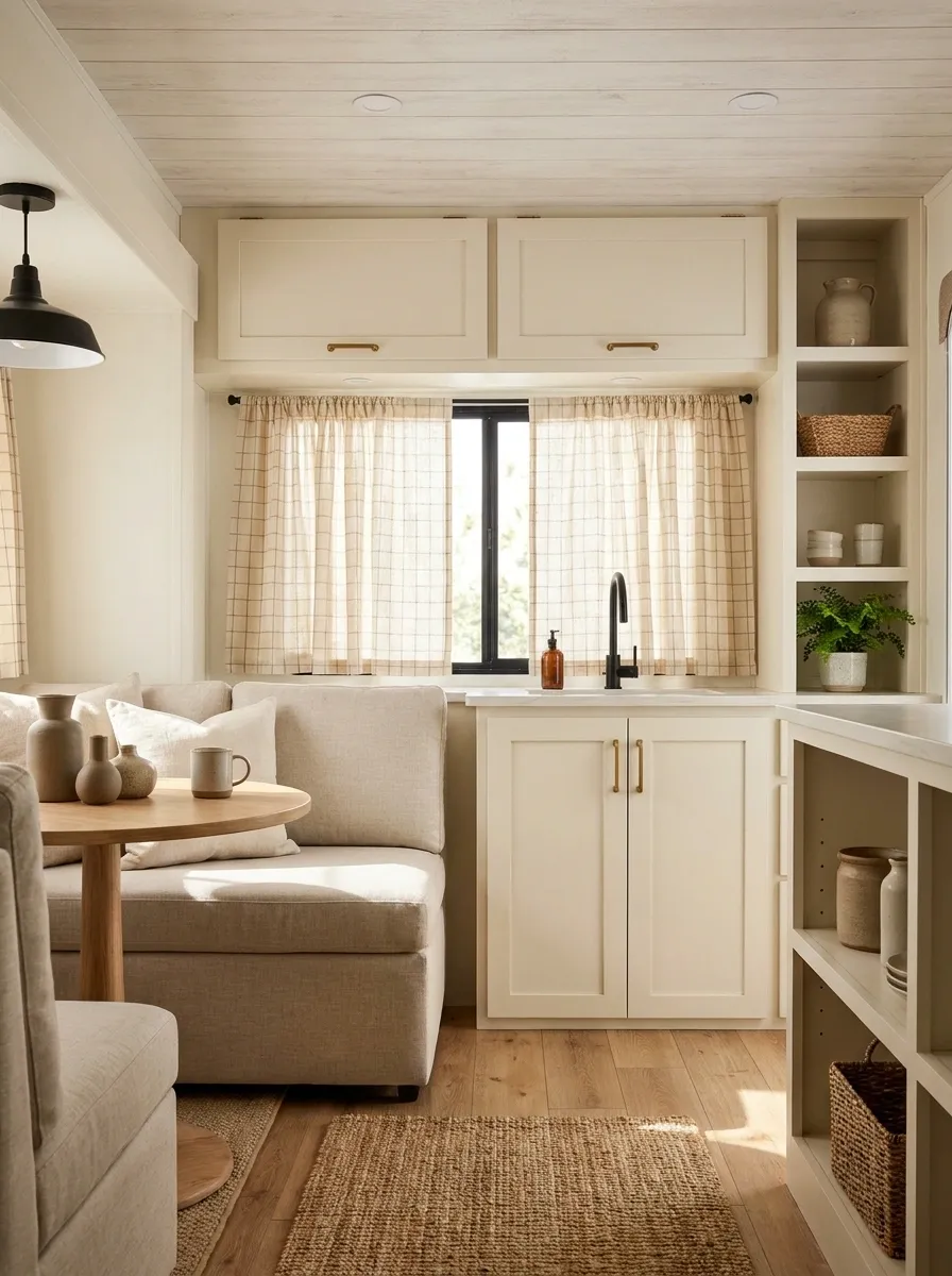Rustic Cream Check Curtains With Farmhouse RV Styling