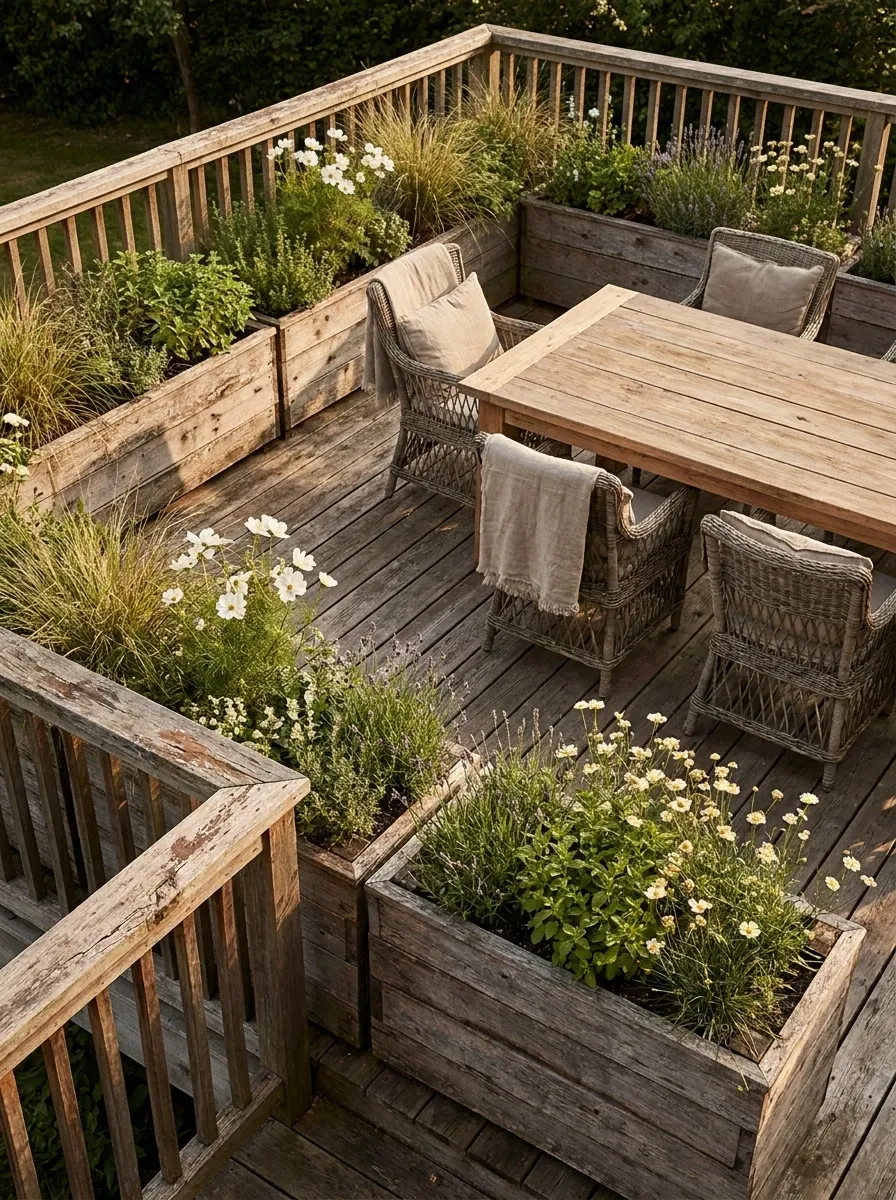 Rustic Deck With Reclaimed Wood Planter Boxes and Cottage Planting