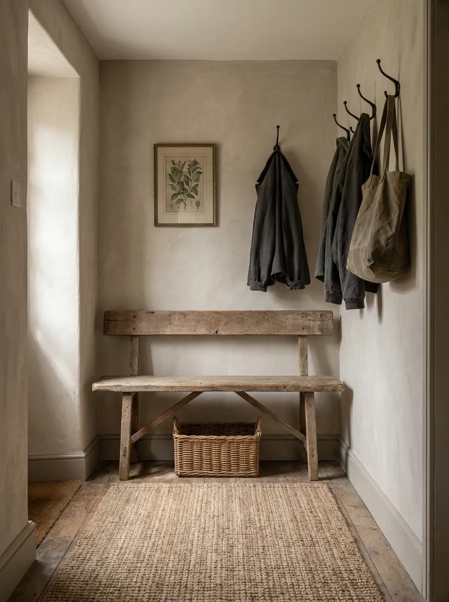 Rustic Entryway With a Reclaimed Wood Bench and Stone-Colored Walls