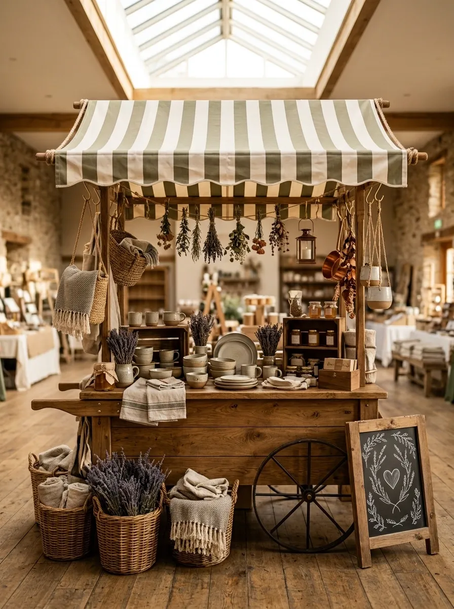 Rustic European Cart Booth With Awning and Wood Counters