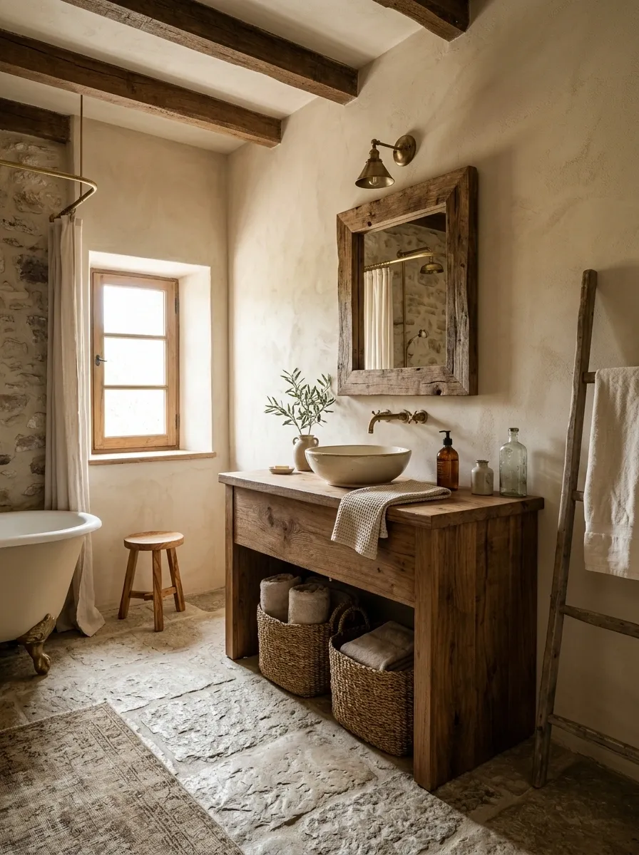 Rustic Farmhouse Beige Bathroom With Limestone and Reclaimed Wood