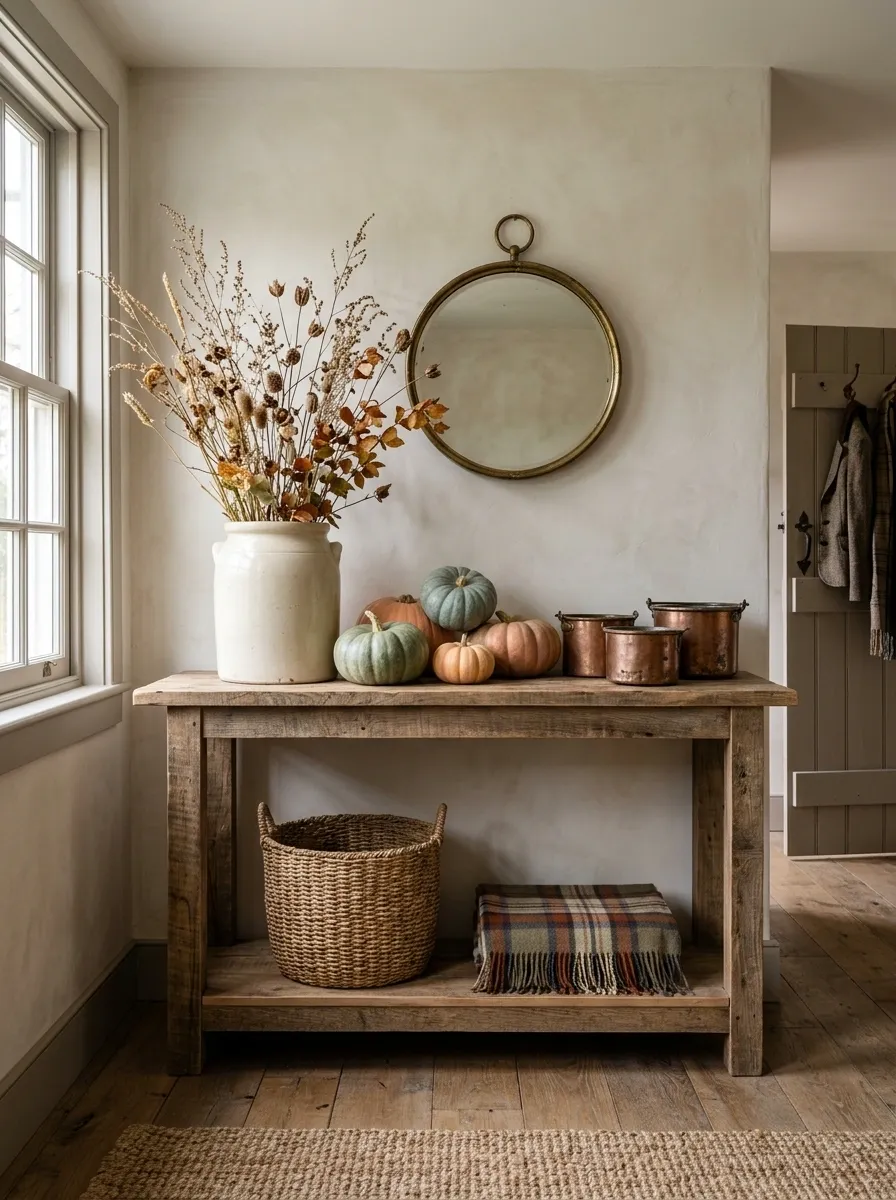 Rustic Farmhouse Entry With Weathered Wood and Copper Accents
