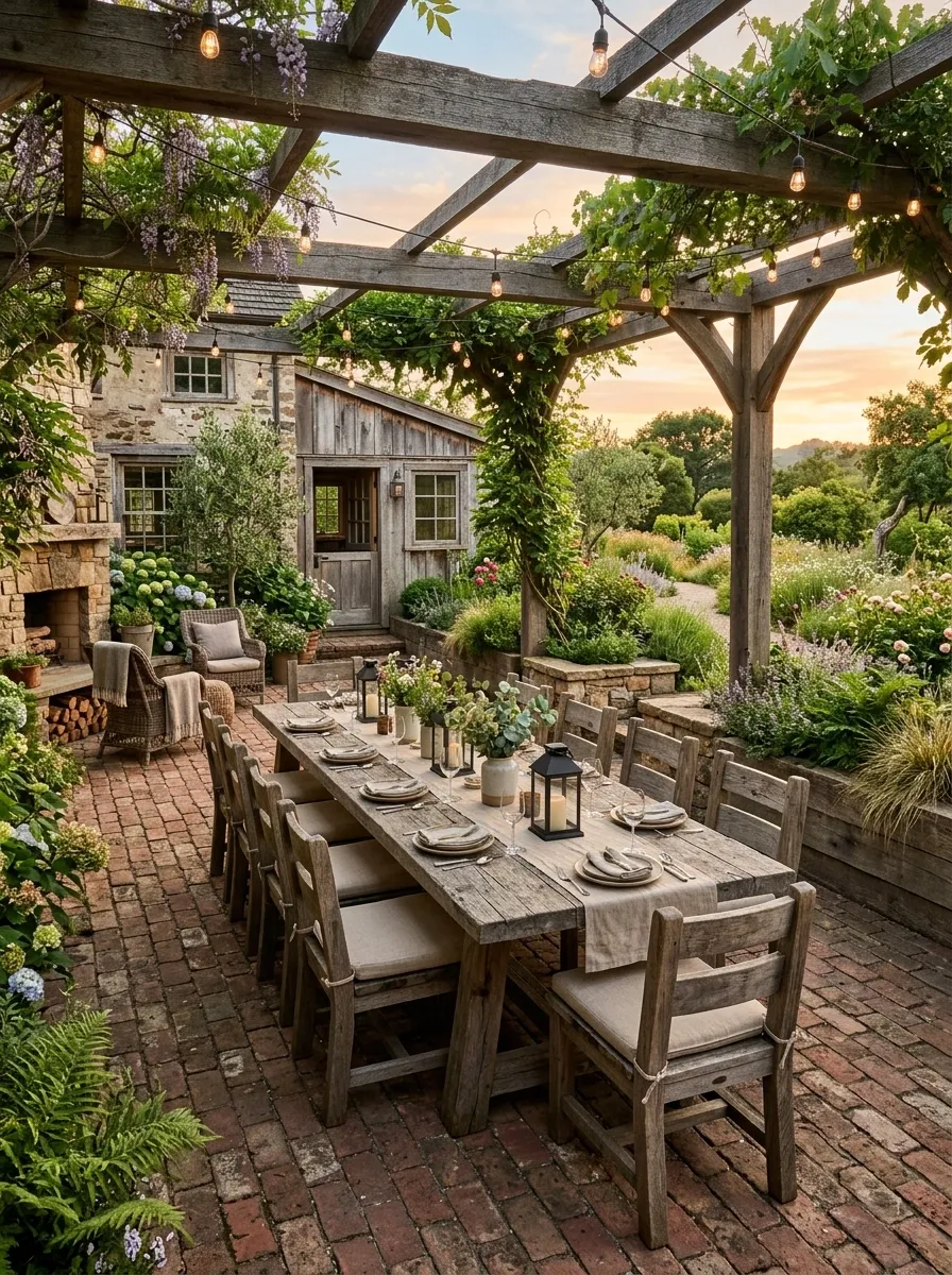 Rustic Farmhouse Patio With a Long Wooden Table