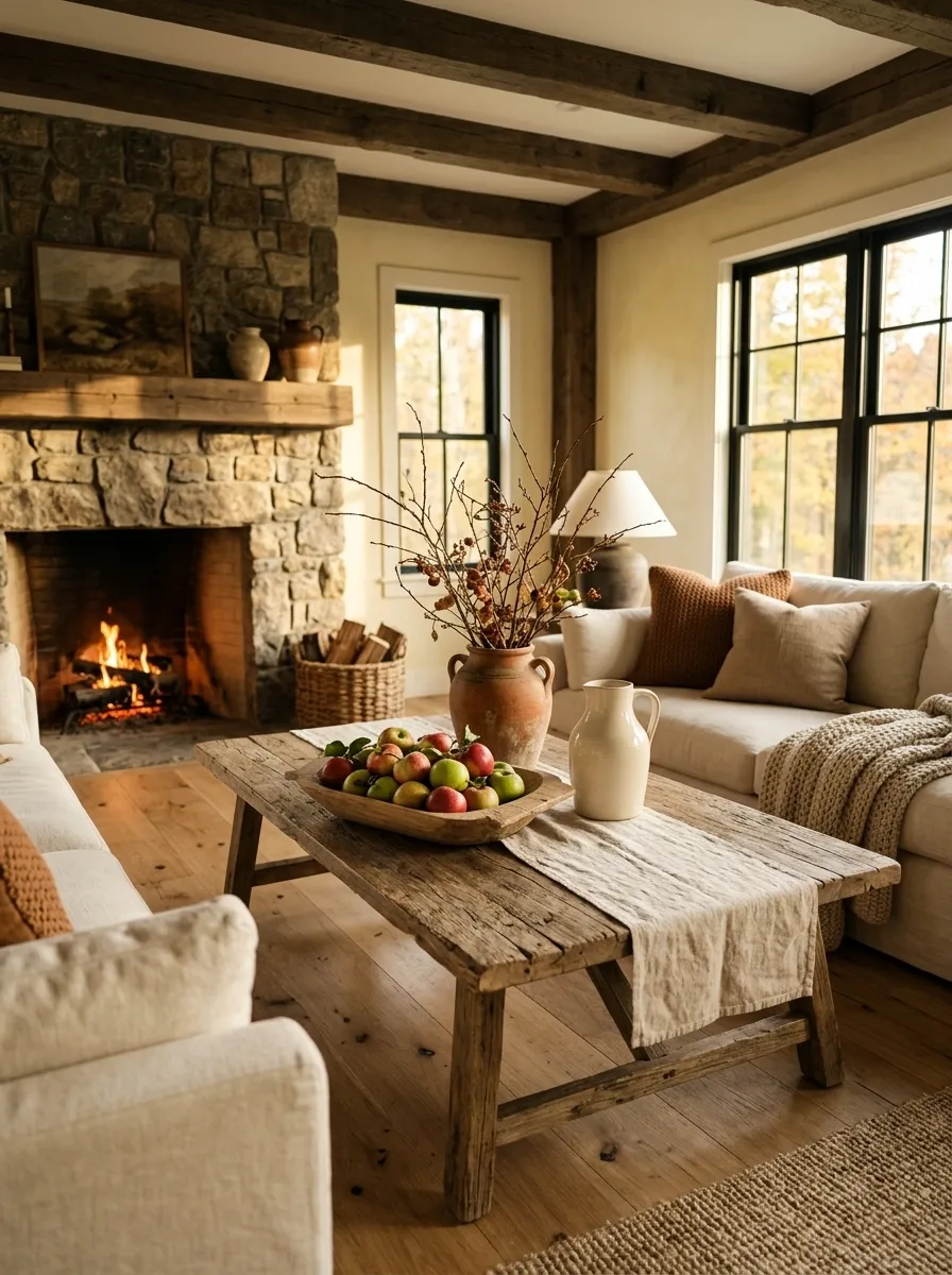 Rustic Farmhouse Table With Apples and Aged Pottery
