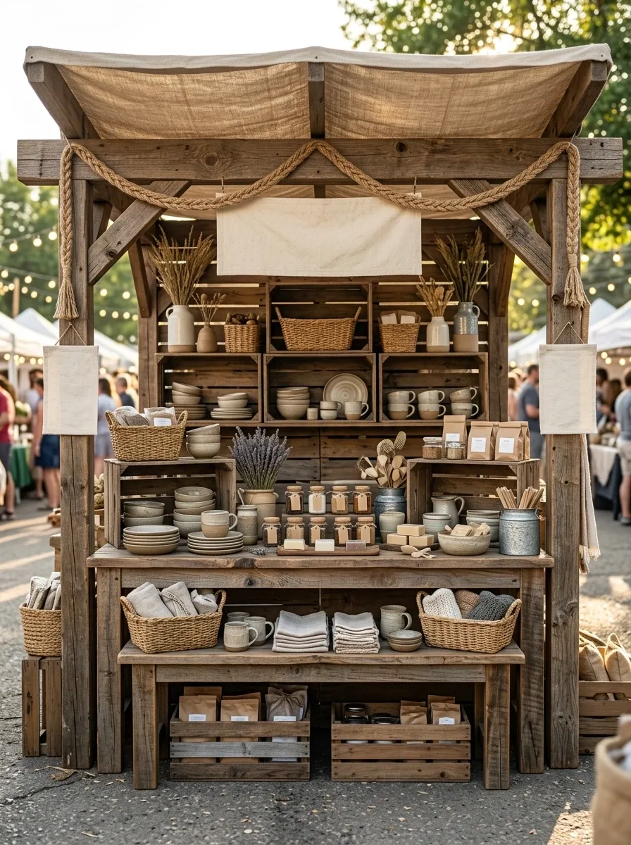 Rustic Farmstand Booth With Wood Crates and Canvas Signage
