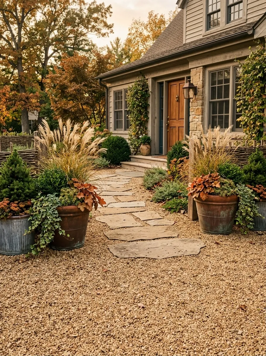 Rustic Gravel Yard With Oversized Planters
