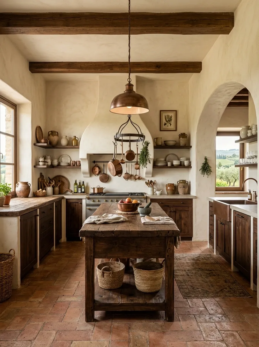 Rustic Italian Kitchen With Plaster Walls and Terracotta
