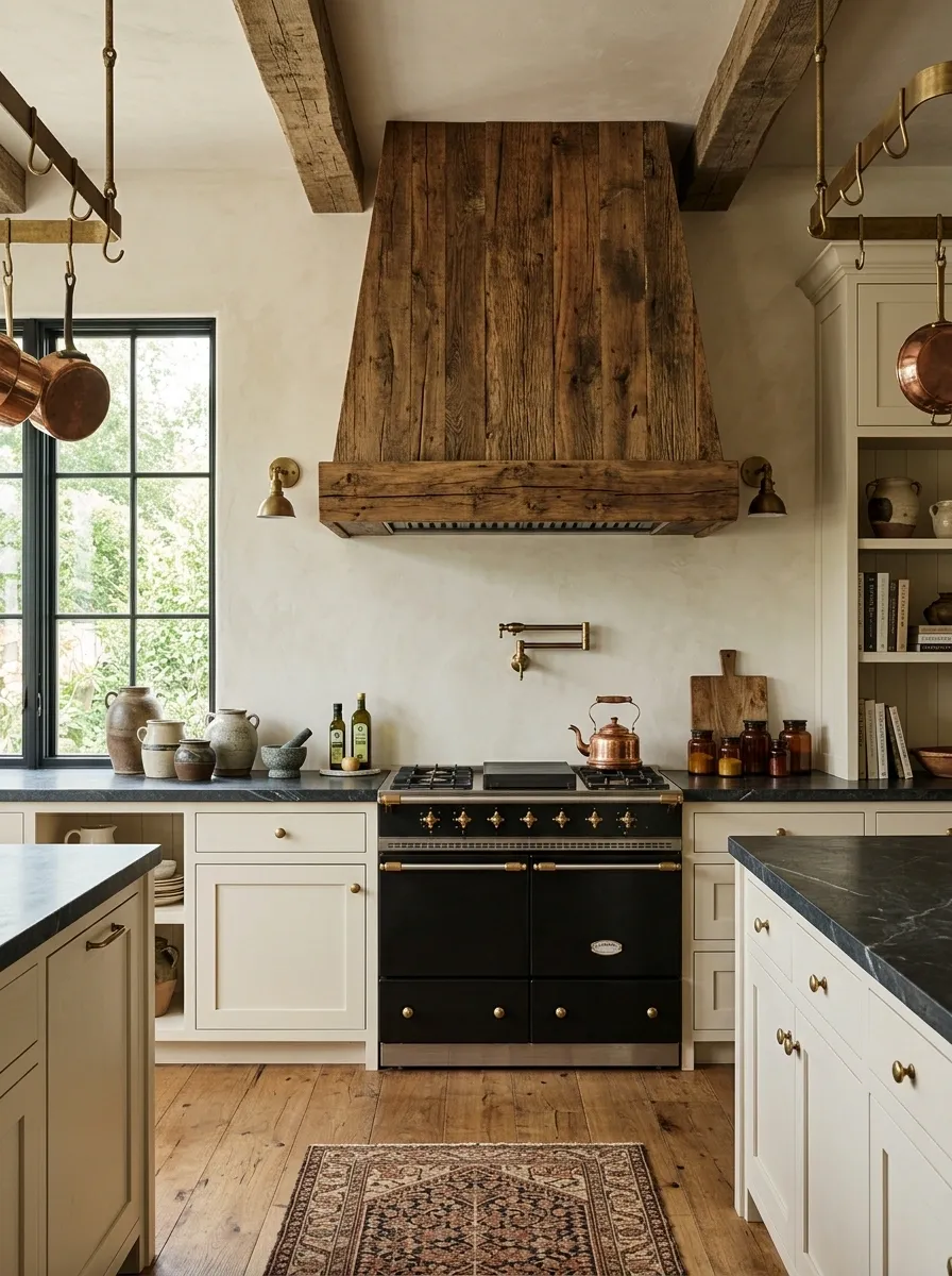 Rustic Kitchen With Reclaimed Wood Hood and Soapstone Counters