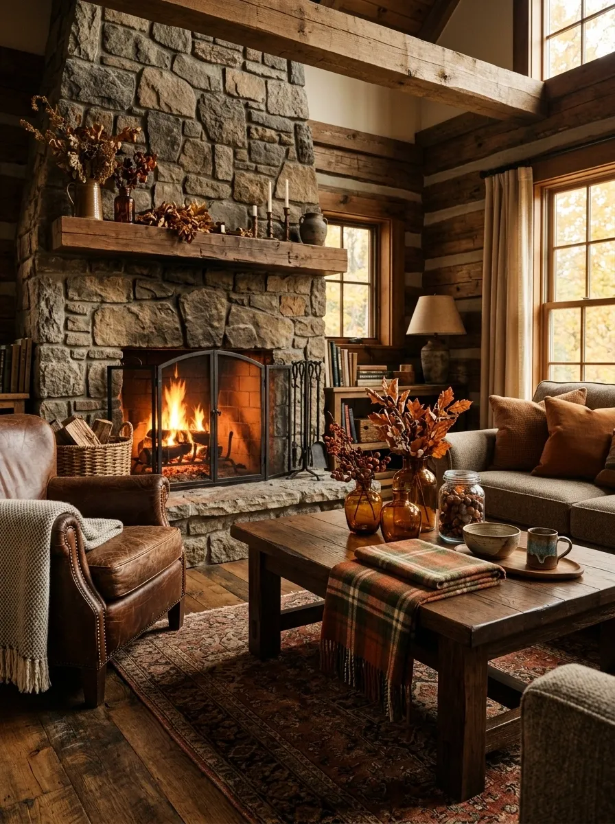 Rustic Lodge Coffee Table With Plaid and Firelight