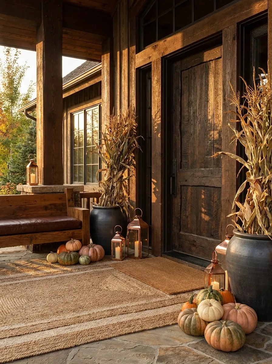 Rustic Lodge Porch With Timber, Leather, and Copper