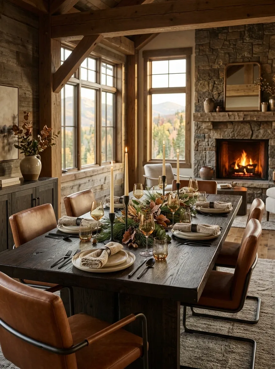 Rustic Lodge Table With Leather and Dark Wood