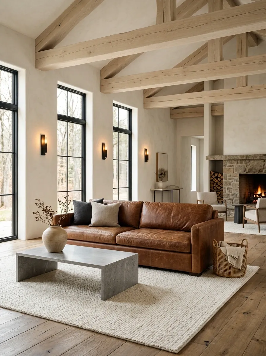 Rustic Modern Living Room With a Brown Leather Couch