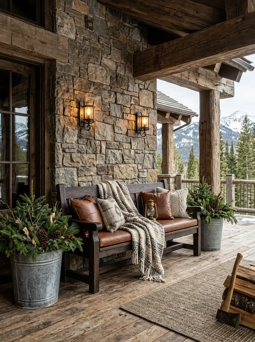 Rustic Mountain Porch With Leather and Stone