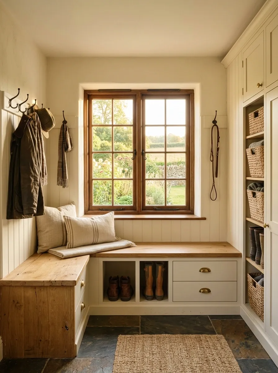 Rustic Mudroom Bench With Closed Storage Under the Window