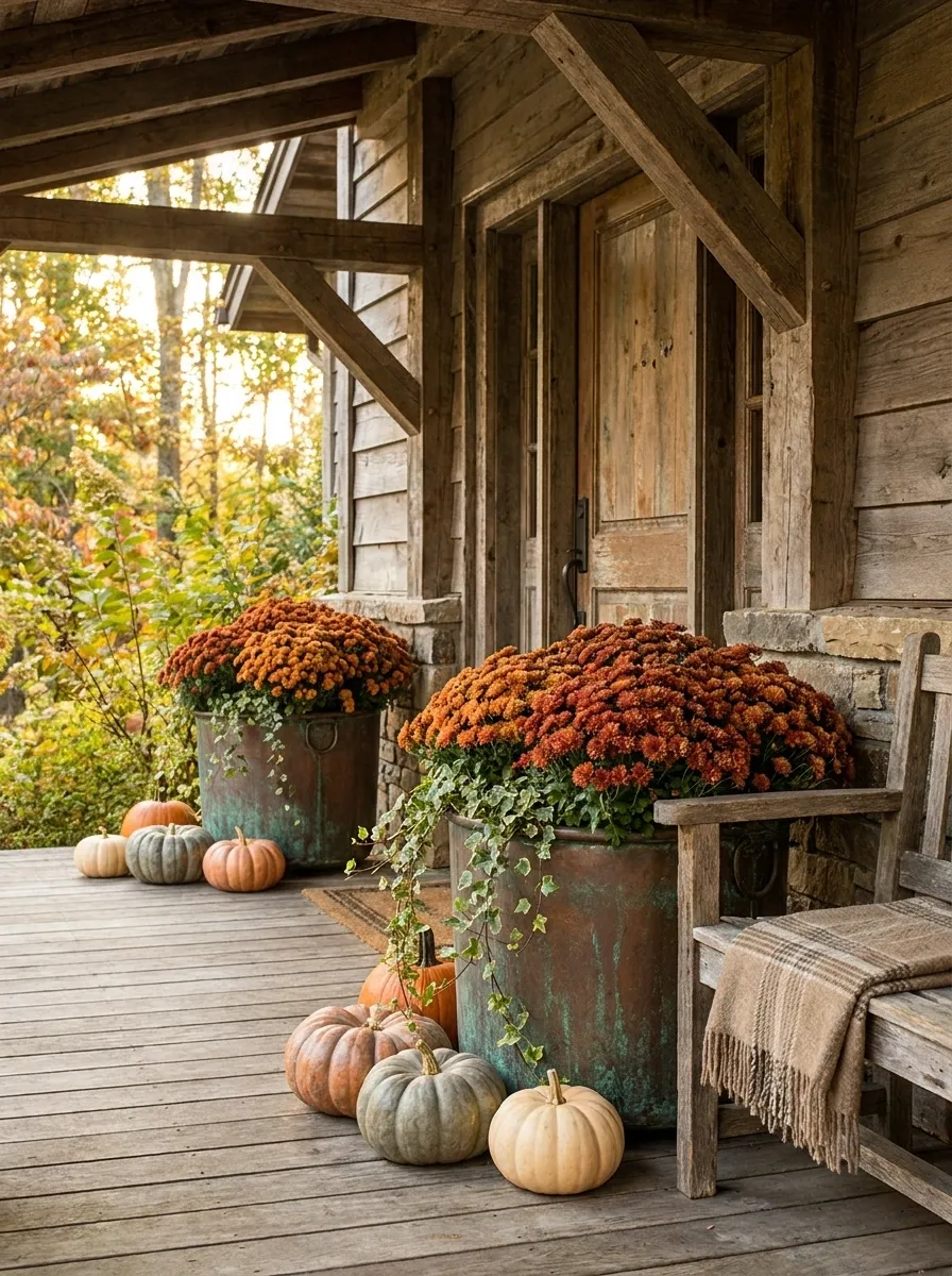 Rustic Porch With Copper Pots and Burnt Orange Mums