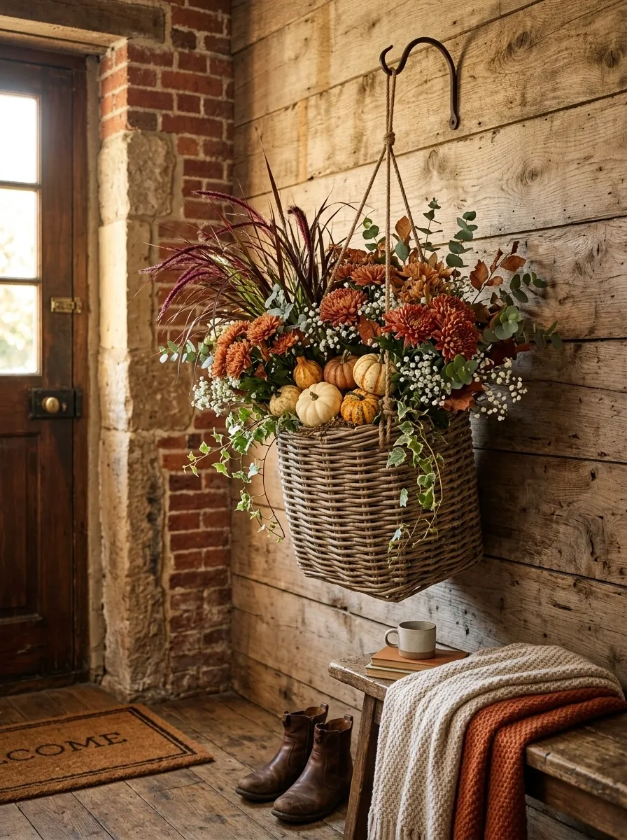 Rustic Pumpkin Basket With Trailing Ornamental Grass