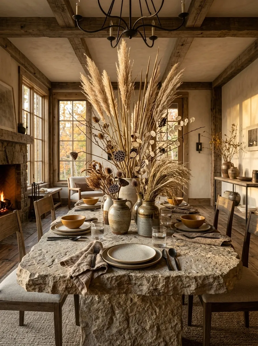 Rustic Stone Table With Oversized Dried Florals