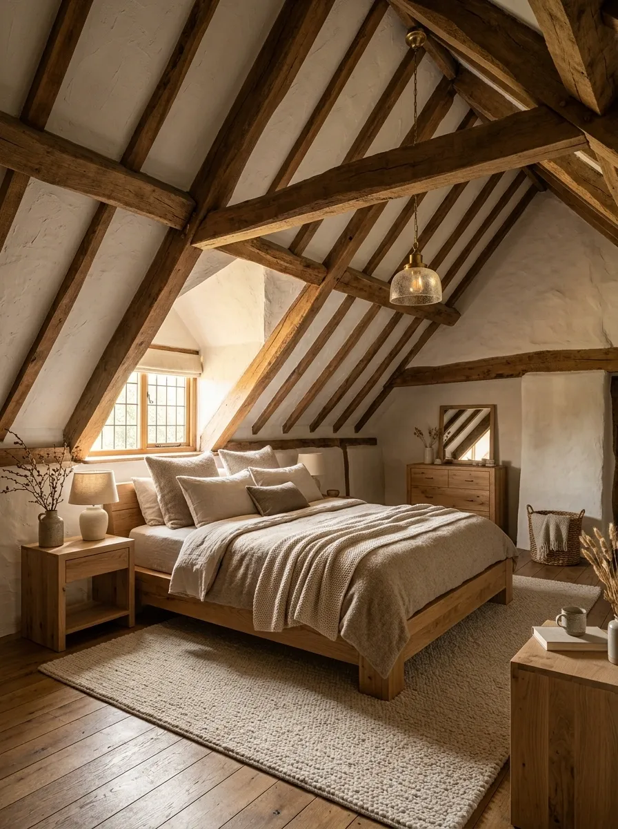 Rustic Timber Bedroom With a Strong Exposed Roof Structure
