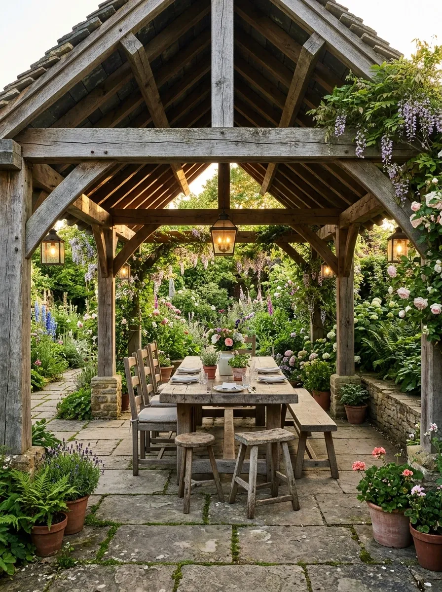 Rustic Timber Pergola With Solid Pitched Roof
