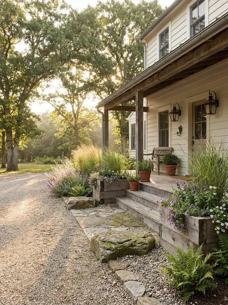 Rustic Timber Planters Beside a Gravel Drive