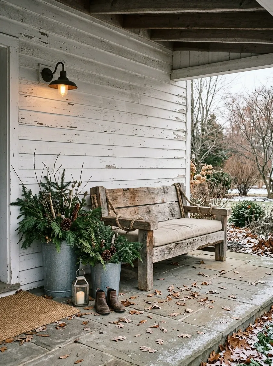Rustic White Porch With Galvanized Metal and Evergreen