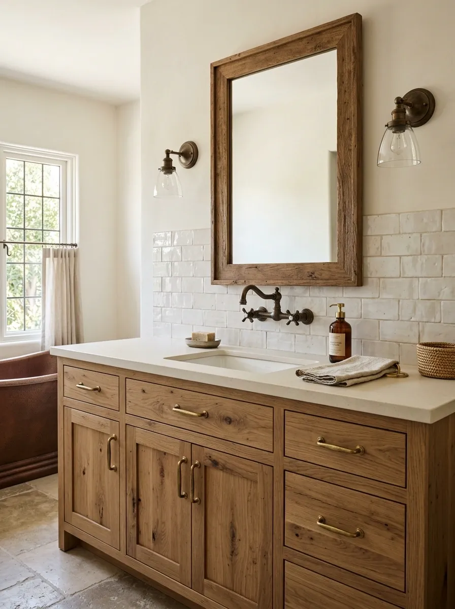 Rustic Wood Vanity With Handmade Tile Backsplash