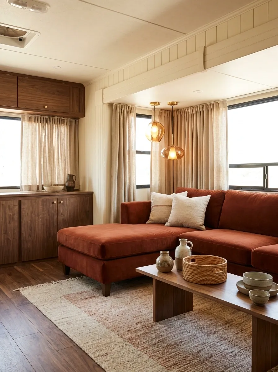 RV Lounge Built Around a Deep Rust Sofa