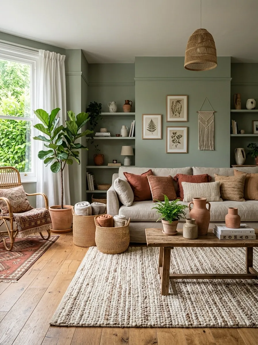 Sage Green and Terracotta Living Room With Global Textiles