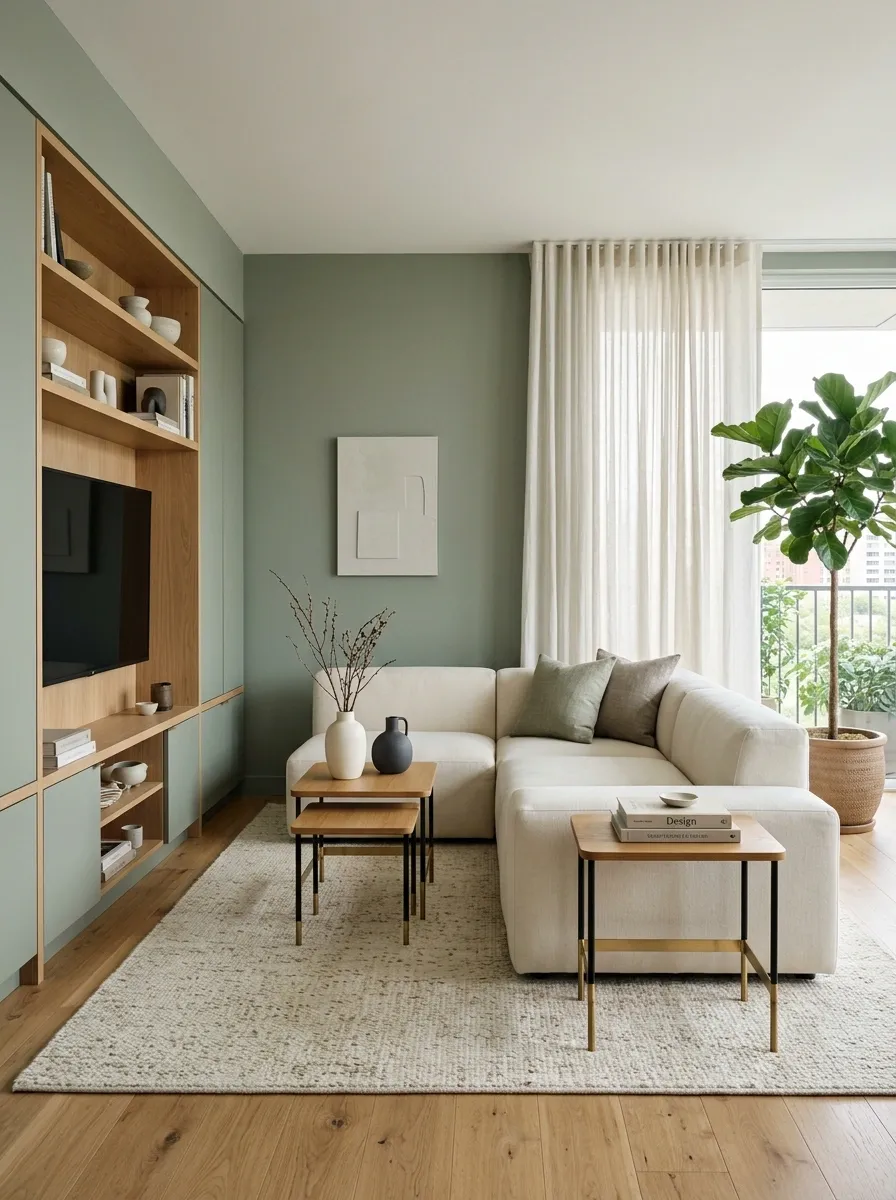 Sage Green Apartment Living Room With Modular Seating and Hidden Storage