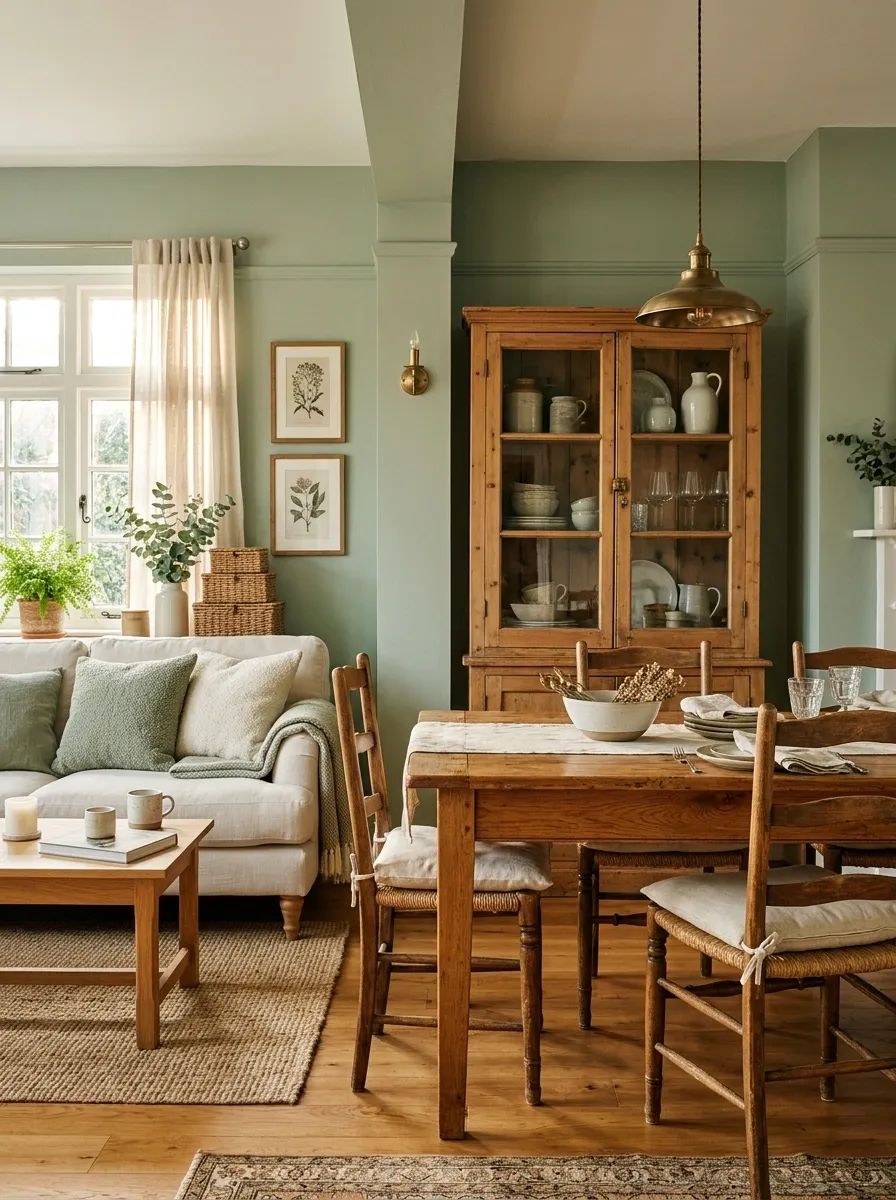Sage Green Apartment With Honey Oak and Vintage Brass