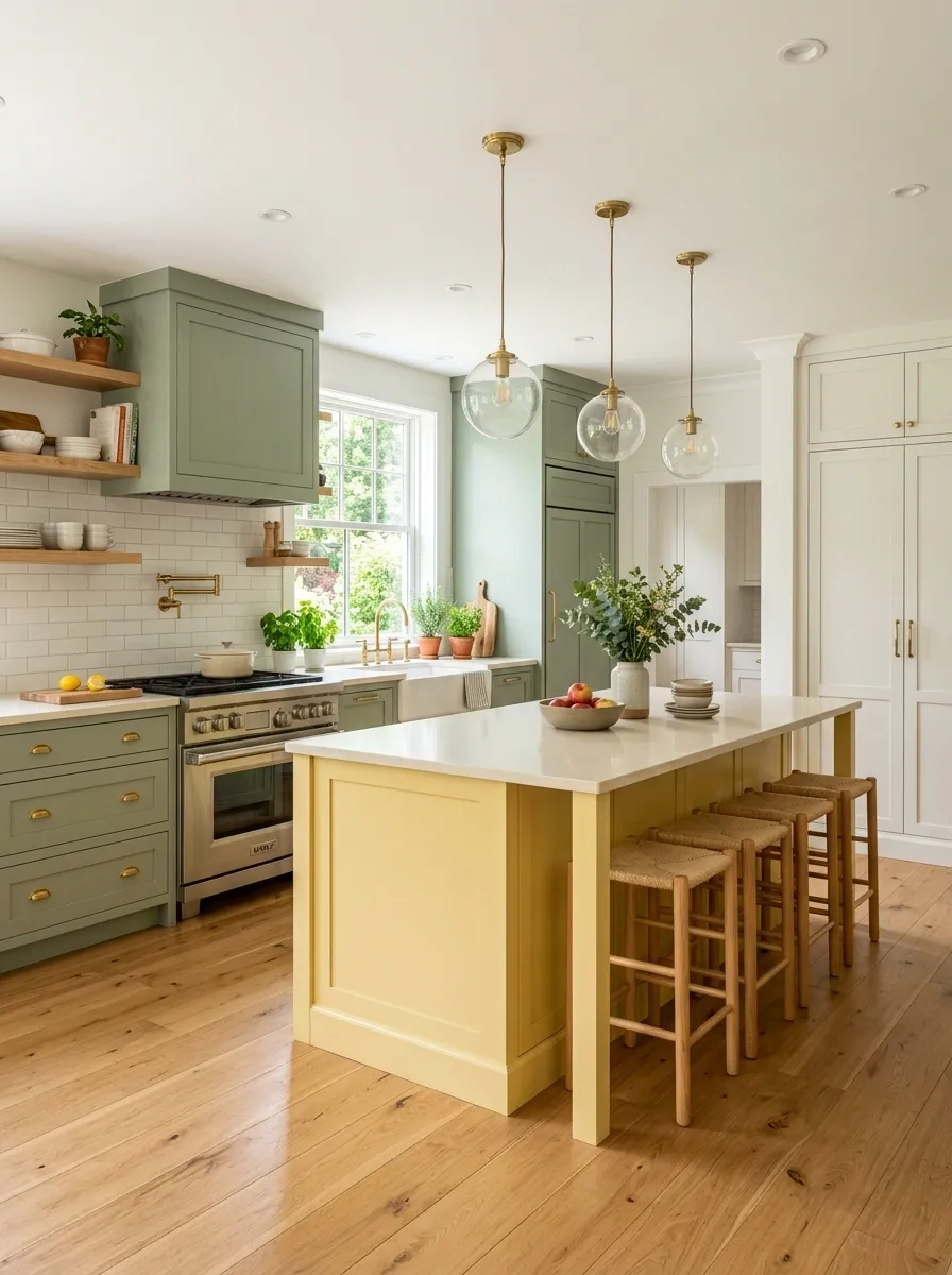 Sage Green, Butter Yellow, and Soft White Playful Kitchen