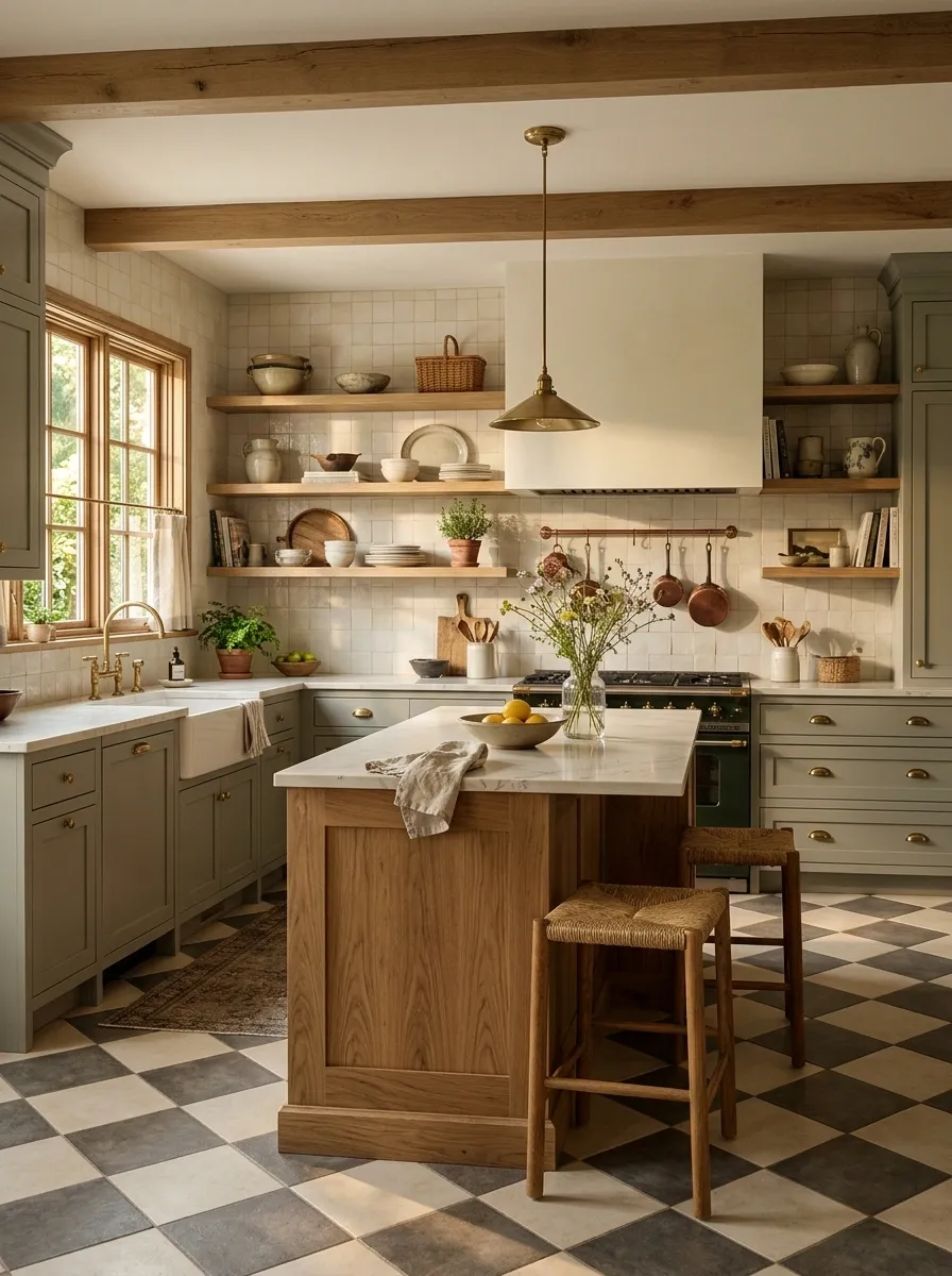 Sage Green Cabinets With Warm Oak and Antique Brass