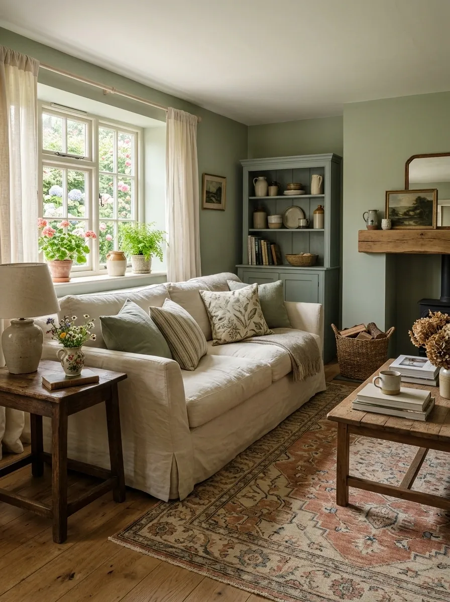 Sage Green Cottage Living Room With Slipcovered Furniture