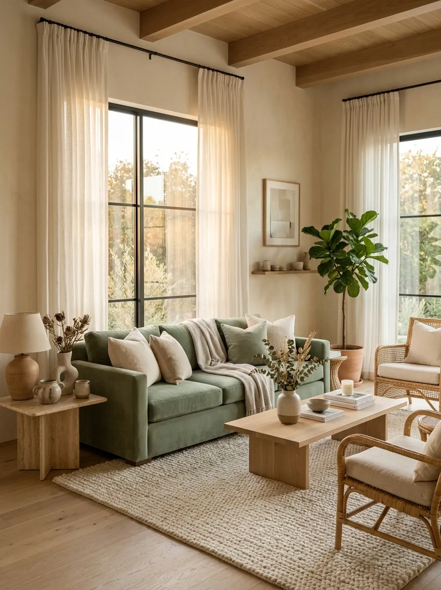 Sage Green Couch With Soft Beige and Natural Oak